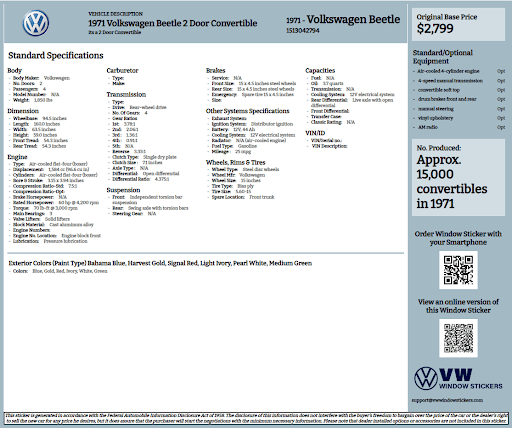 Classic Volkswagen Build Sheet
